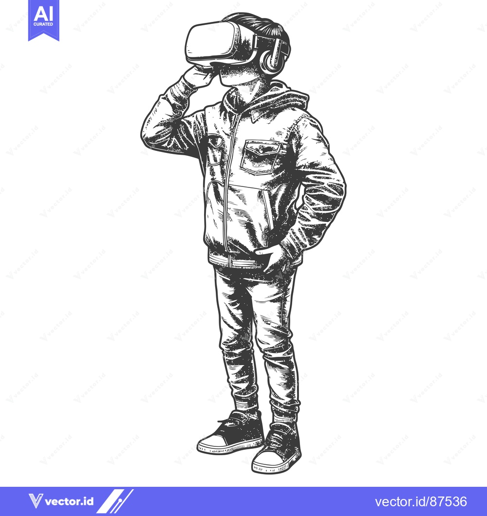 Premium Vector of Hand-drawn Illustration of a Young Person Wearing VR Headset