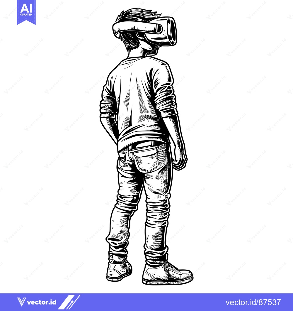 Premium Vector of A Man Wearing a VR Headset, Facing Away, with His Arms Crossed