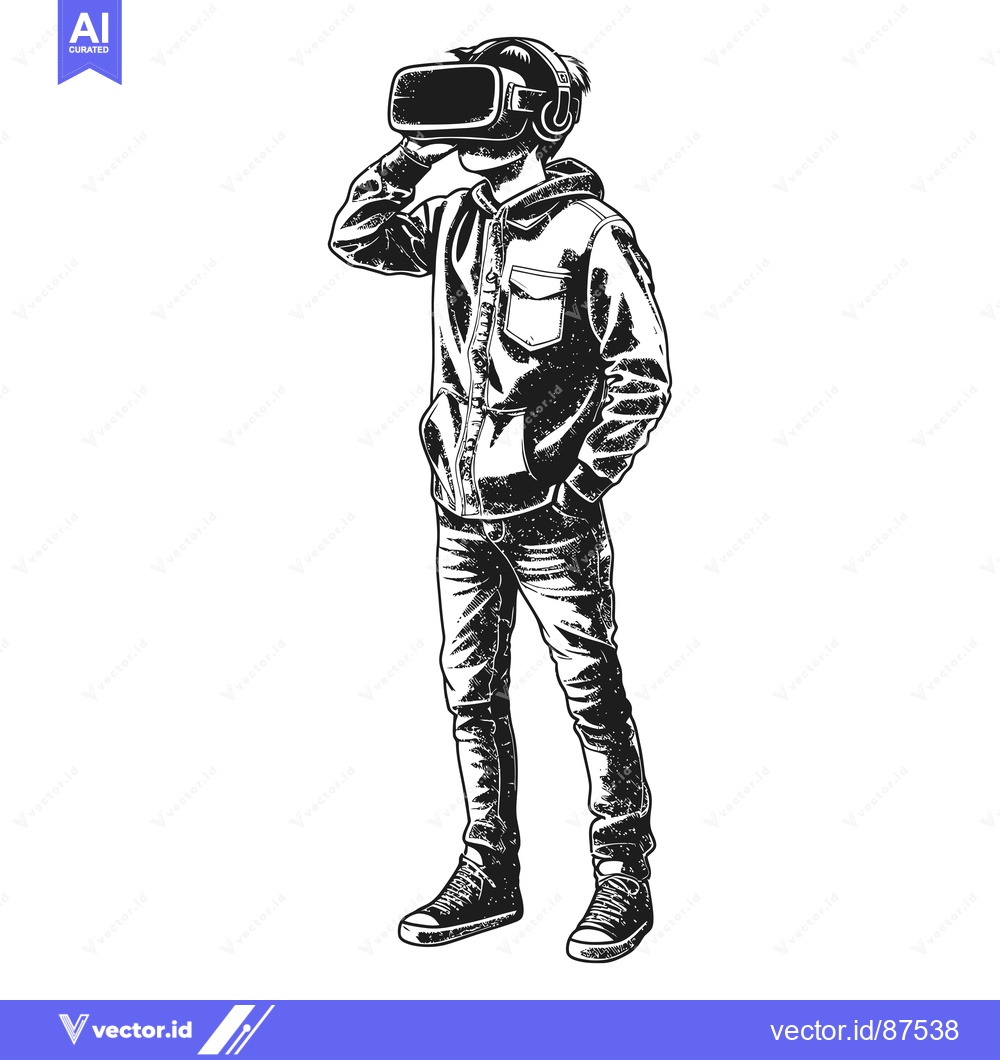 Premium Vector dari A person wearing a VR headset and casual clothes, standing with one ha