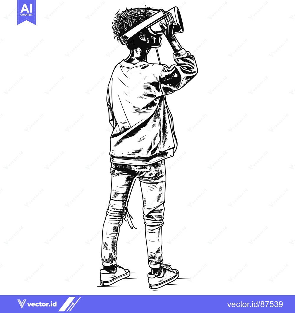 Premium Vector dari A young person wearing a VR headset, standing and looking up, drawn in