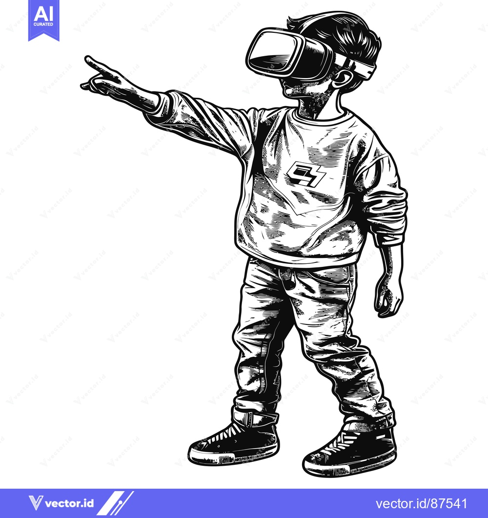 Premium Vector of Young Boy Wearing Virtual Reality Headset Interacting with Digital Wor