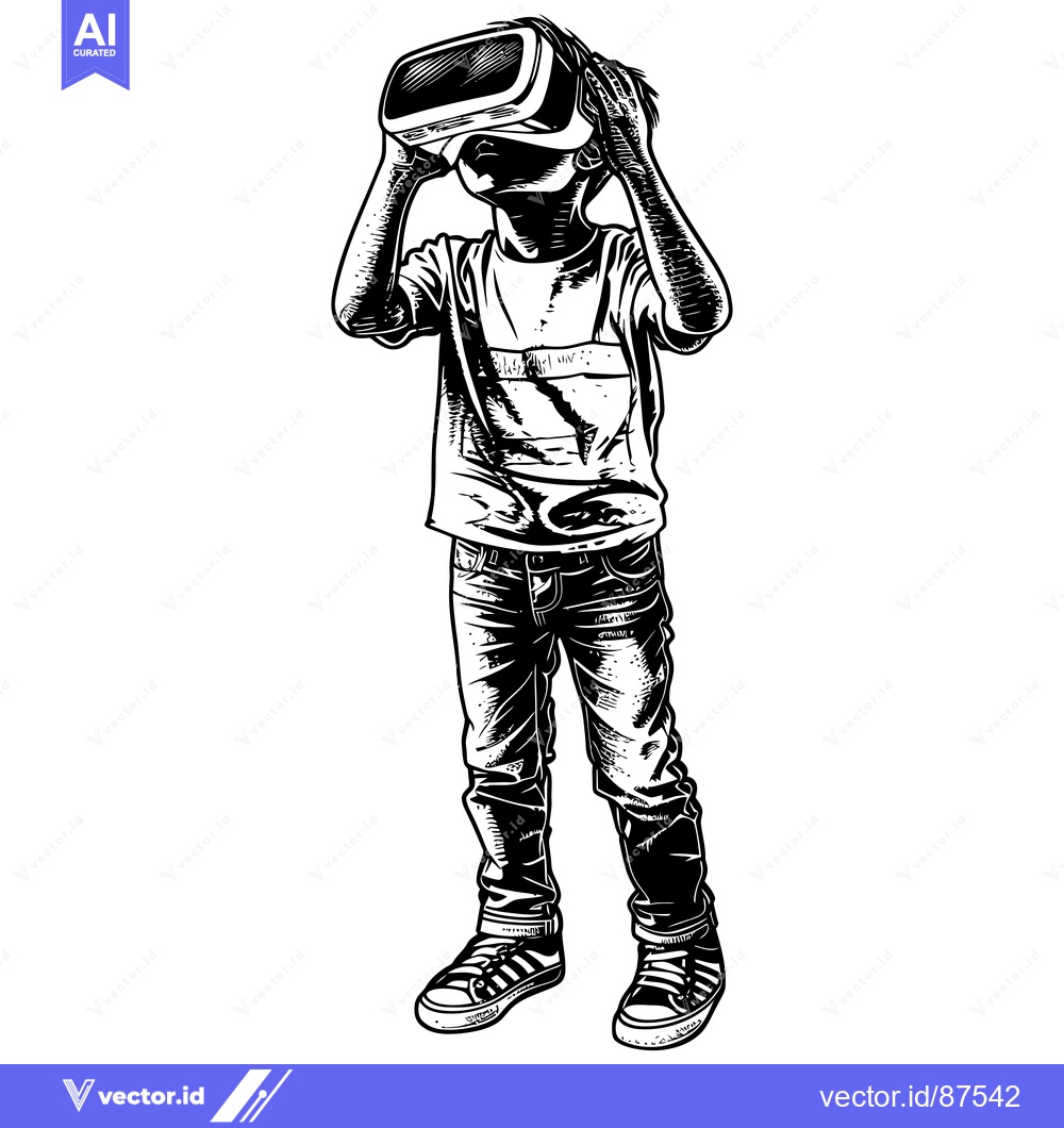 Premium Vector dari A young person wearing a VR headset, standing with hands on the headse