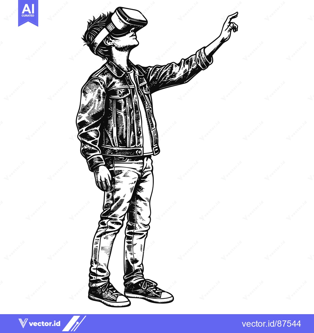 Premium Vector of A Man Wearing a VR Headset and a Denim Jacket, Reaching Out With His R
