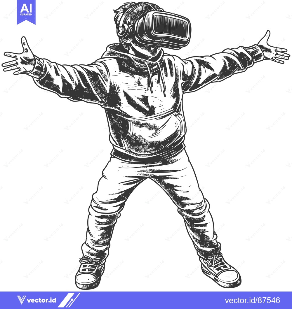 Premium Vector dari Young man with VR headset and outstretched arms in a virtual world.