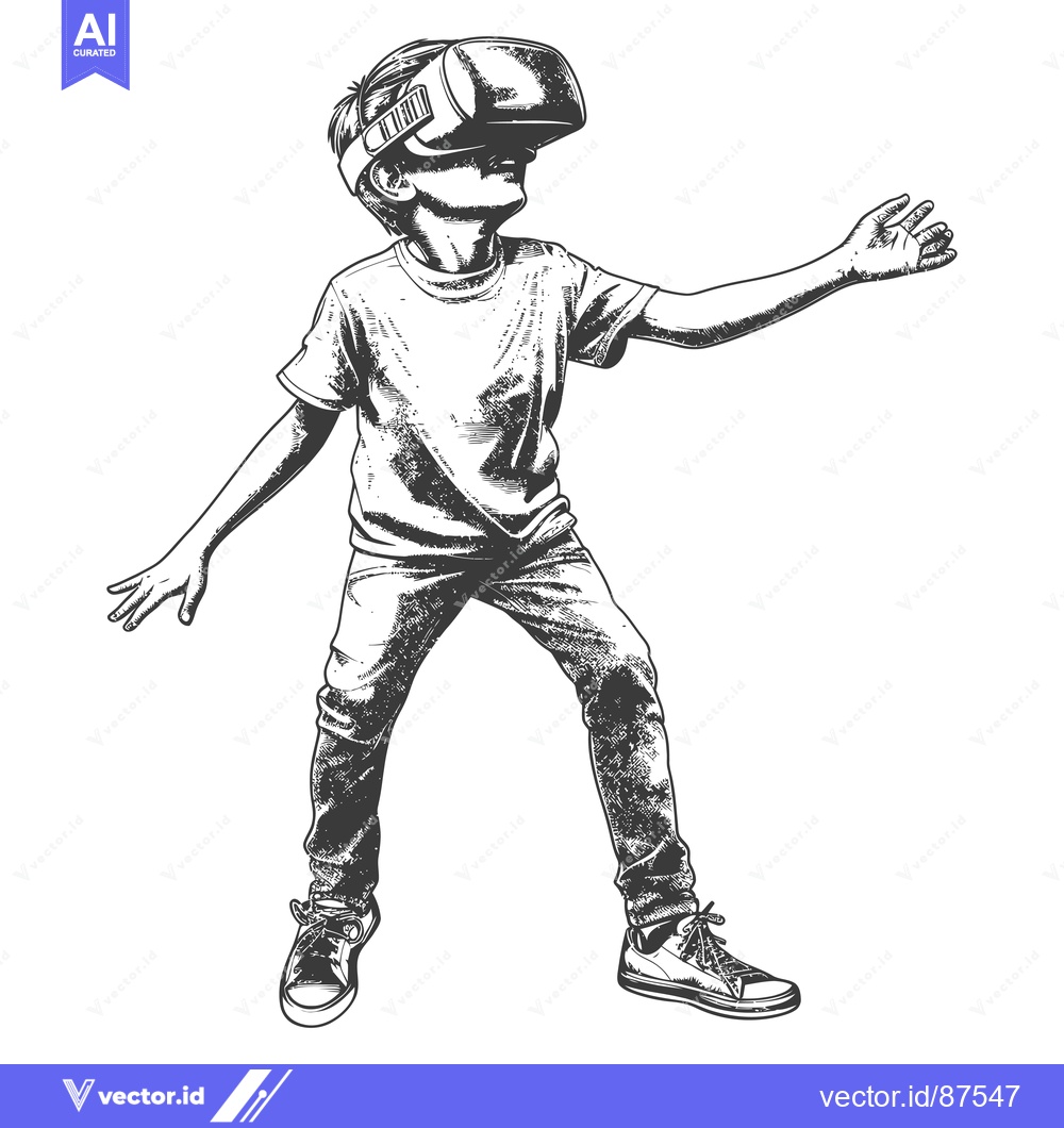 Premium Vector dari A boy wearing a virtual reality headset and looking up