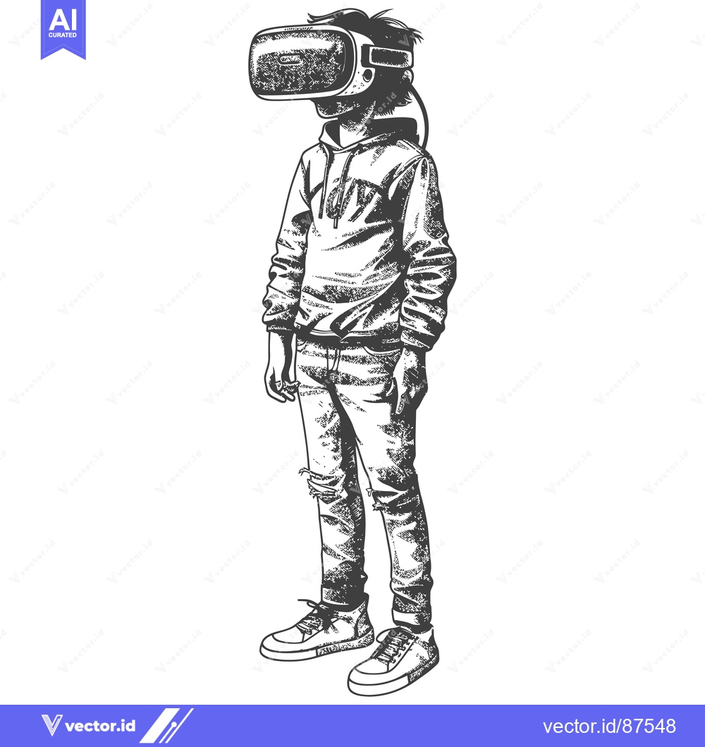 Premium Vector dari A Person Wearing a VR Headset, Hoodie, Jeans, and Sneakers