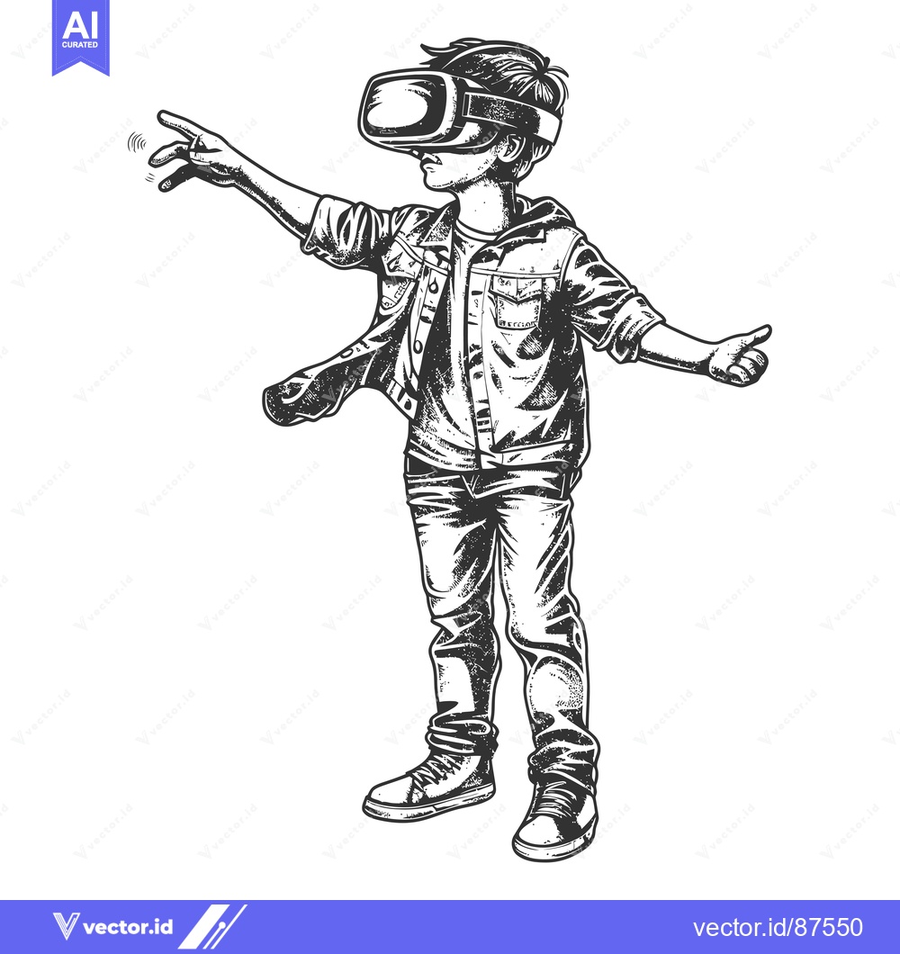Premium Vector dari A young person wearing a virtual reality headset and interacting with