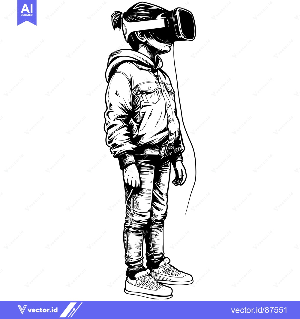 Premium Vector of Black and white illustration of a young person wearing a VR headset
