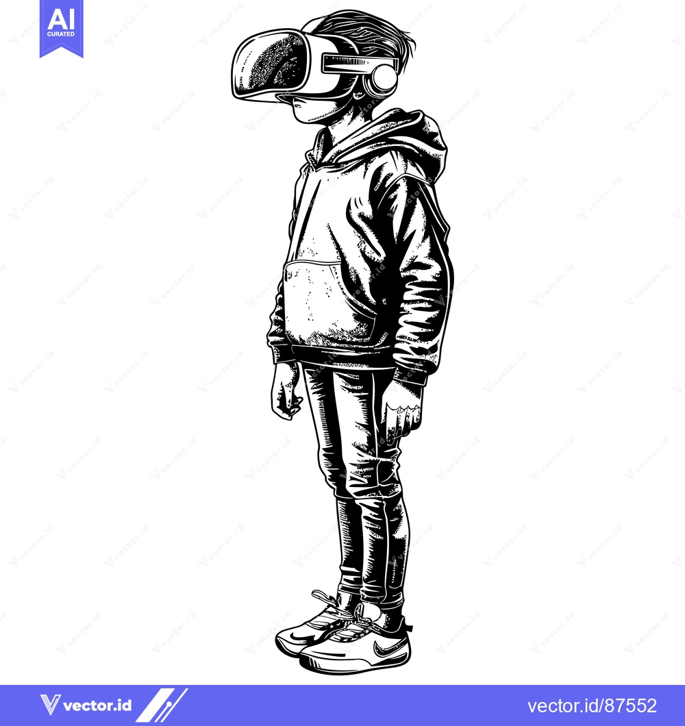 Premium Vector of A person wearing a virtual reality headset standing in a relaxed pose.