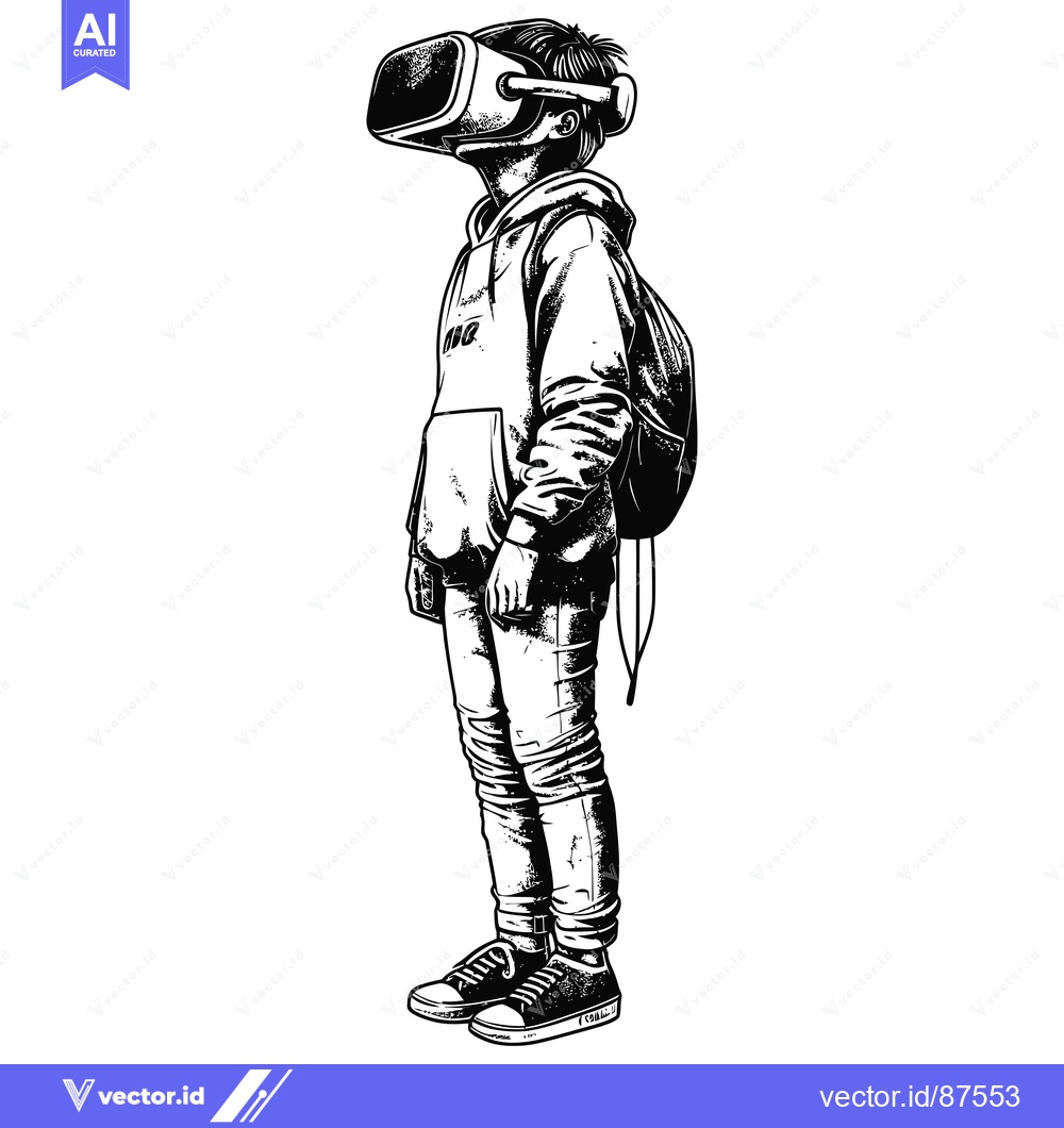 Premium Vector of A Teenager Wearing a VR Headset, Hoodie, and Backpack