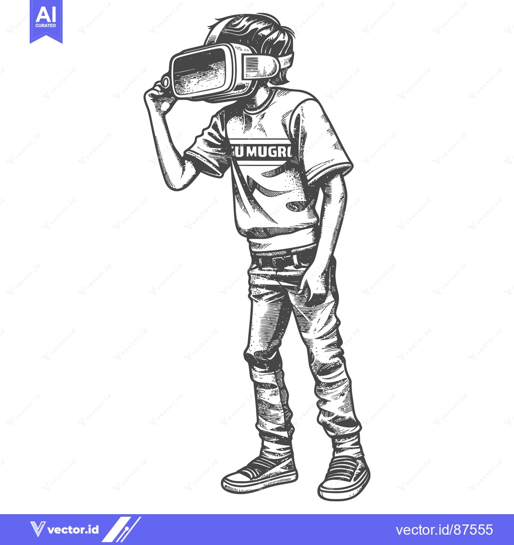 Premium Vector of Hand-drawn illustration of a young person wearing a VR headset