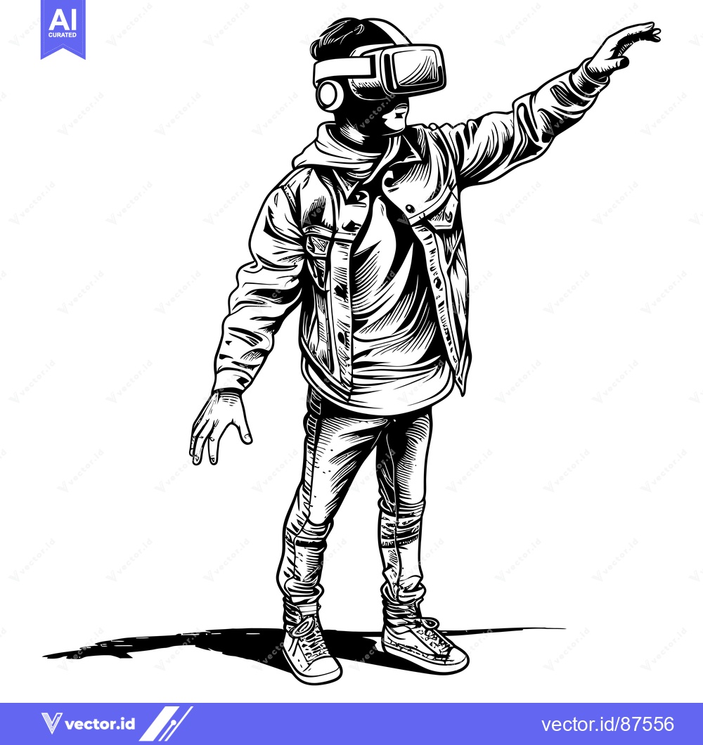 Premium Vector of A Black and White Illustration of a Person Wearing VR Goggles and Reac
