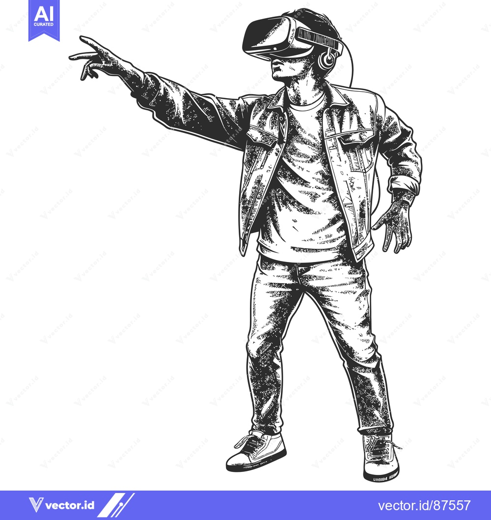 Premium Vector dari A Man Interacting with Virtual Reality in a Denim Jacket and Jeans