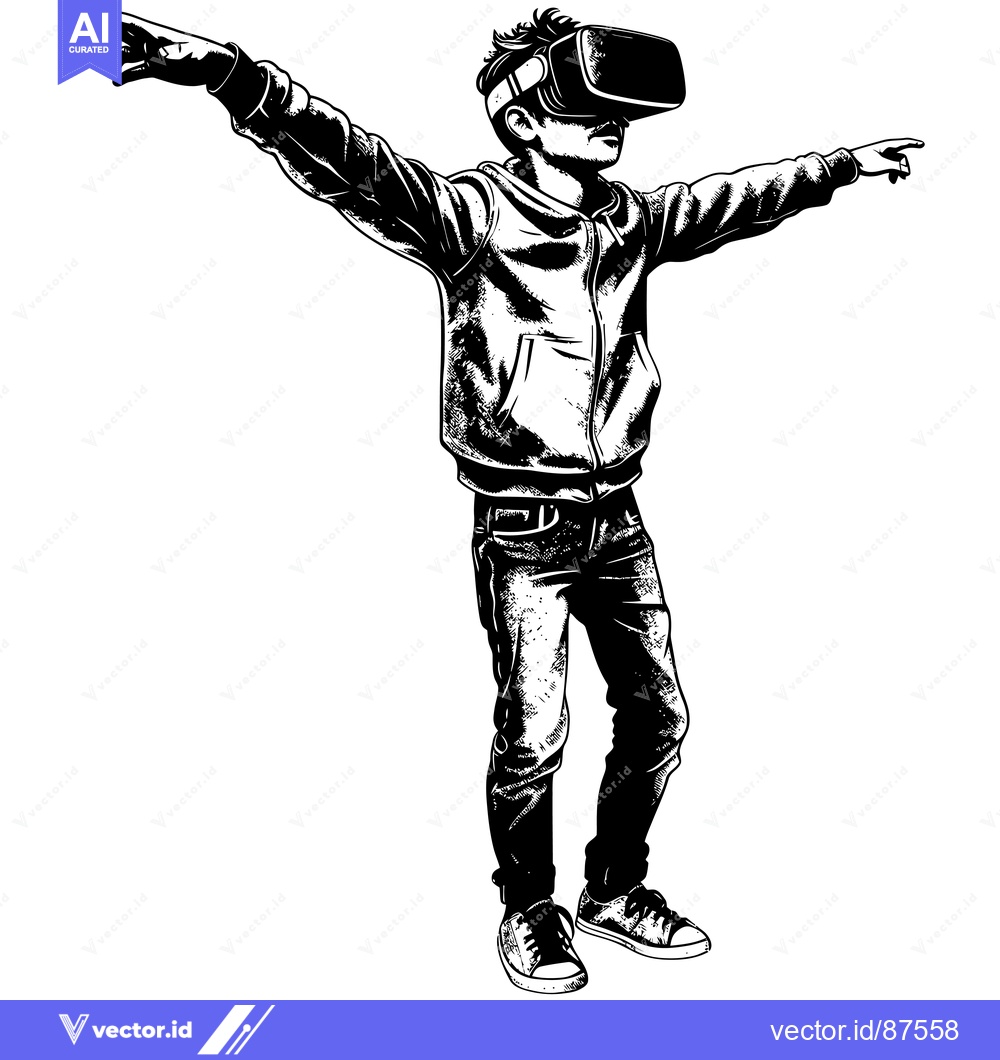 Premium Vector of A young man wearing VR headset, hands outstretched, black and white il