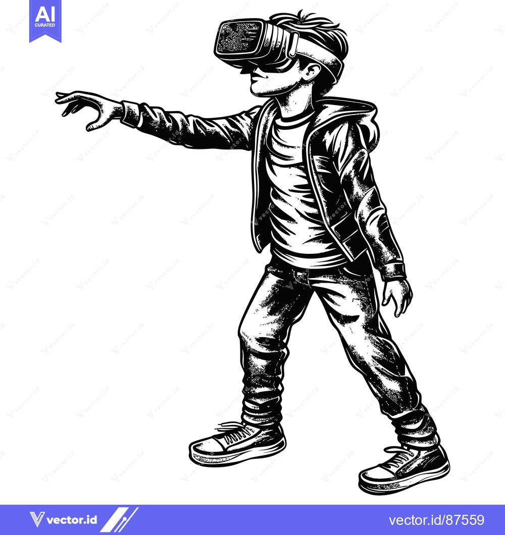 Premium Vector dari A Black and White Illustration of a Young Man Wearing Virtual Reality