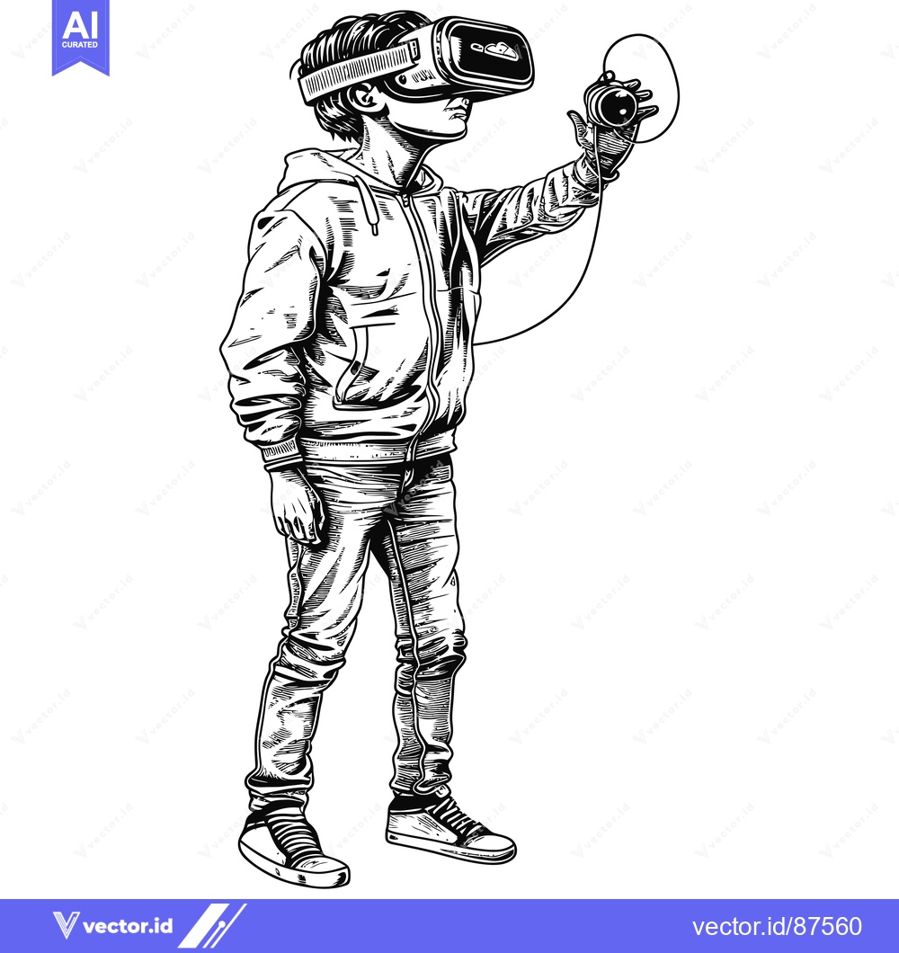 Premium Vector of A young person wearing a VR headset and holding a controller