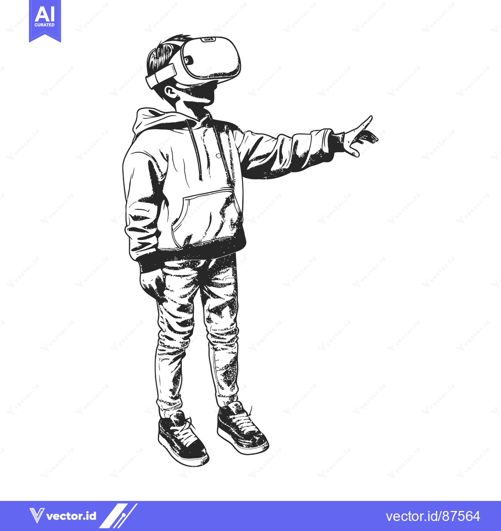 Premium Vector of A Boy Wearing a VR Headset and Hoodie Reaching Out with His Right Hand