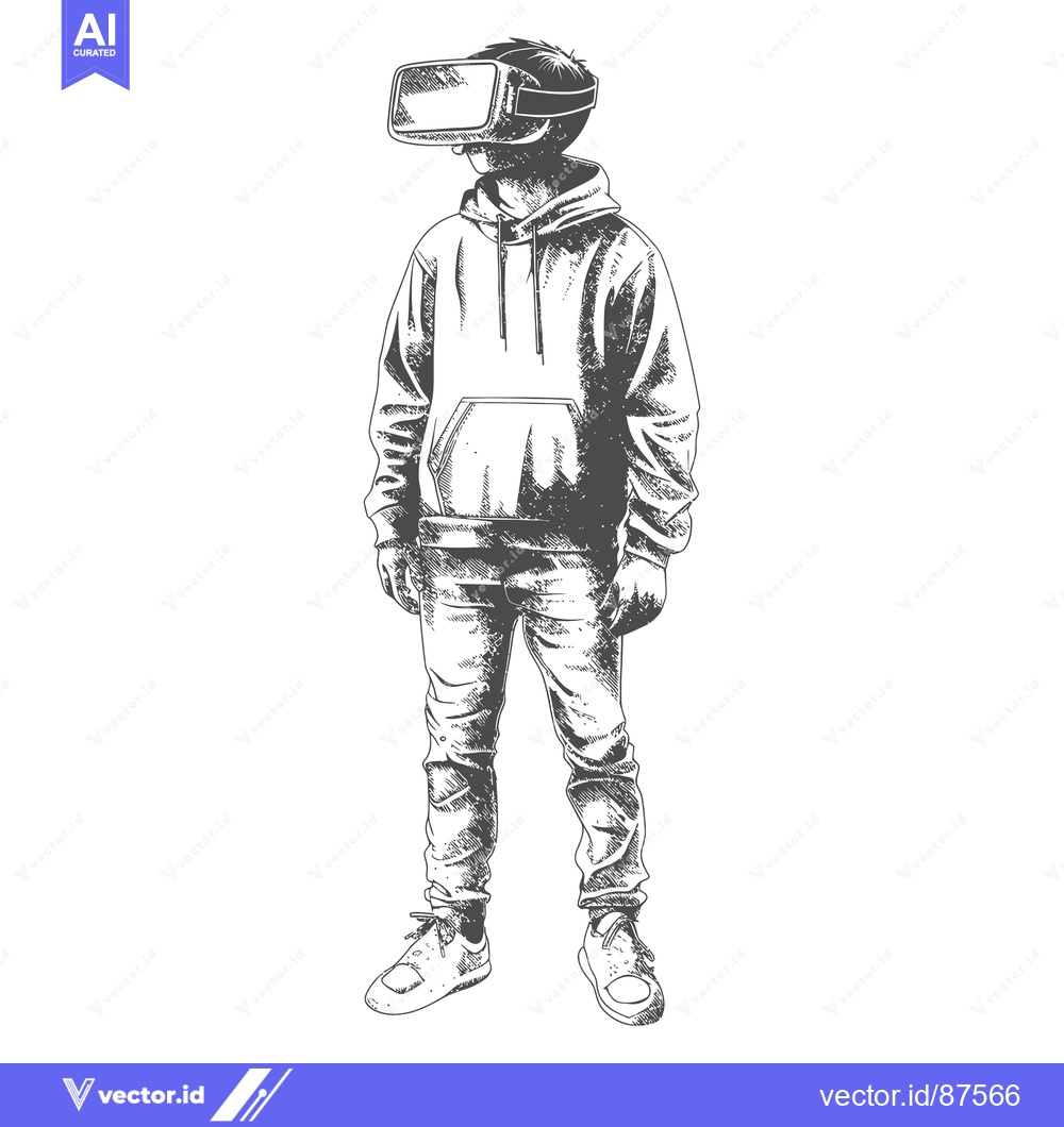 Premium Vector dari A Hand-Drawn Illustration of a Person Wearing a VR Headset