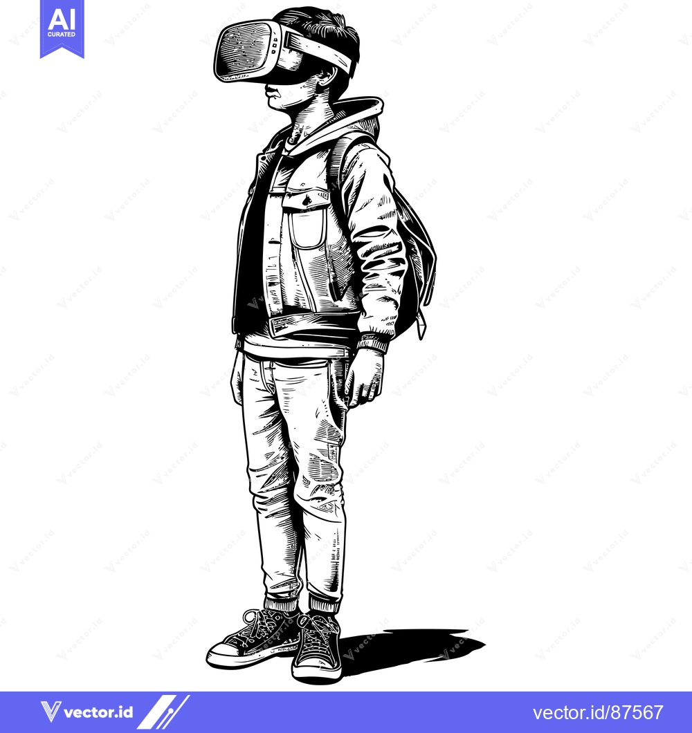 Premium Vector dari A Young Person Wearing a VR Headset and Backpack