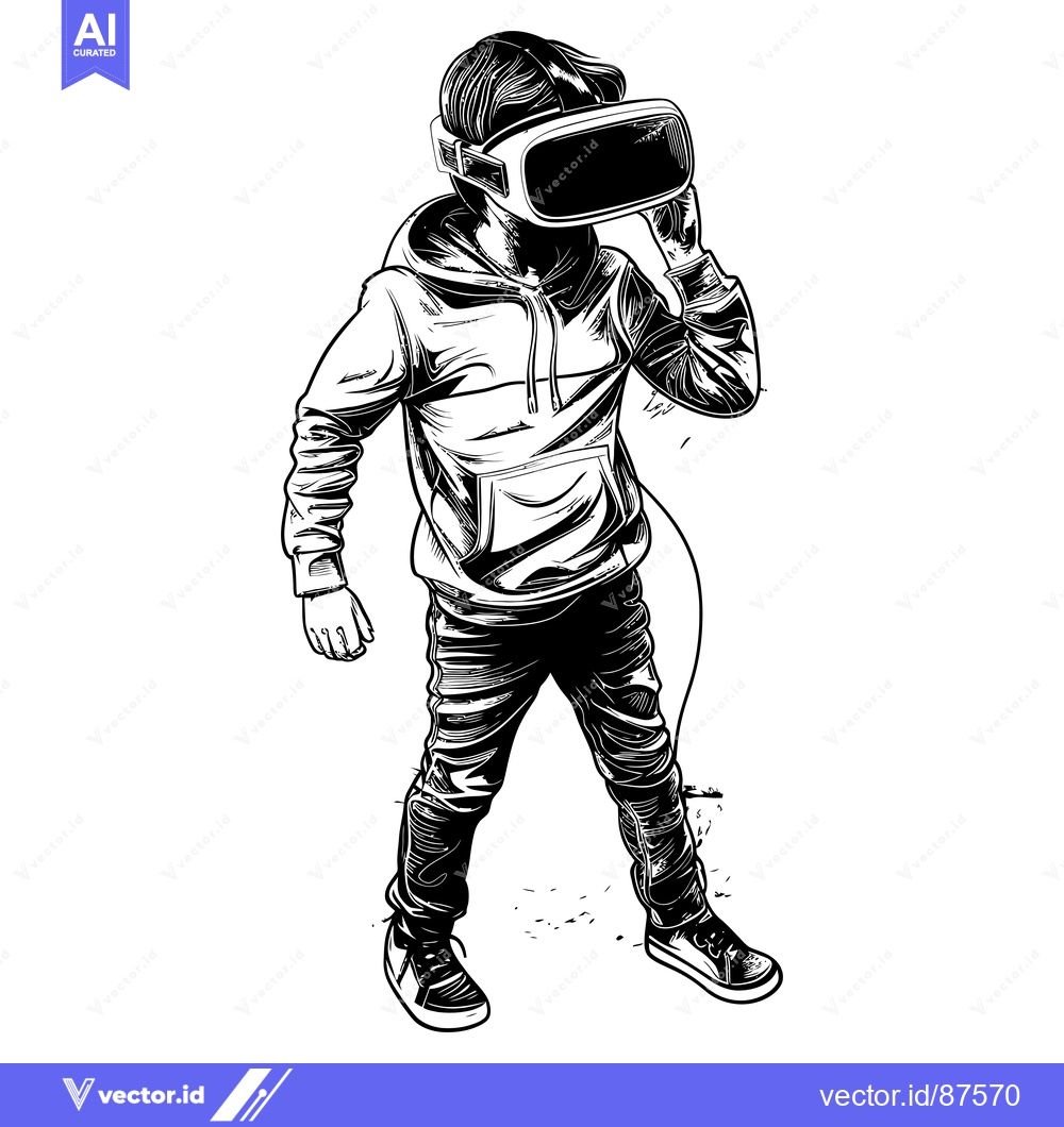Premium Vector of Black and White Illustration of a Person Wearing a VR Headset