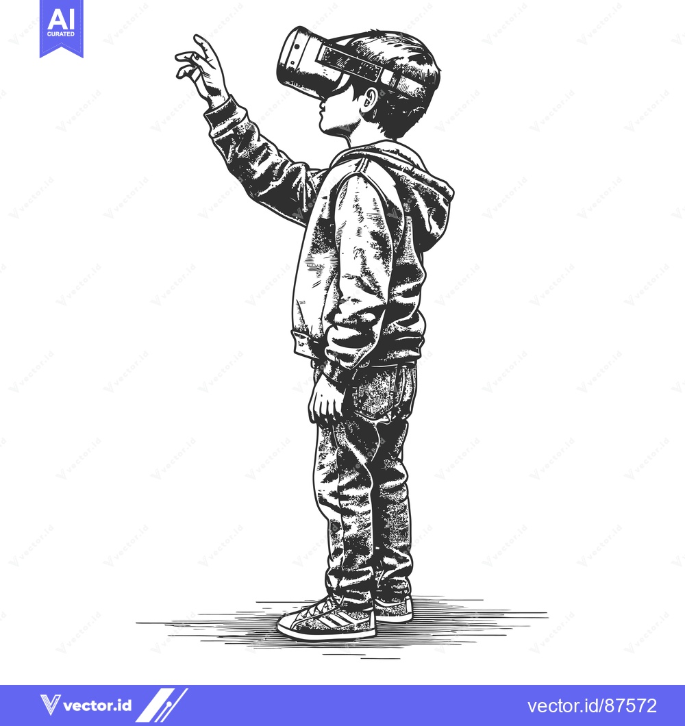 Premium Vector dari A young boy wearing a VR headset interacting with a virtual world
