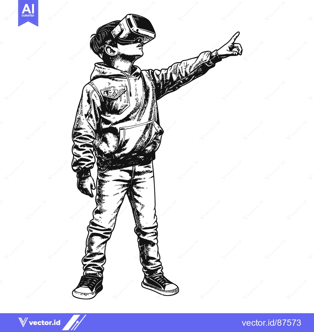 Premium Vector dari Young Person Wearing VR Headset and Pointing Upwards