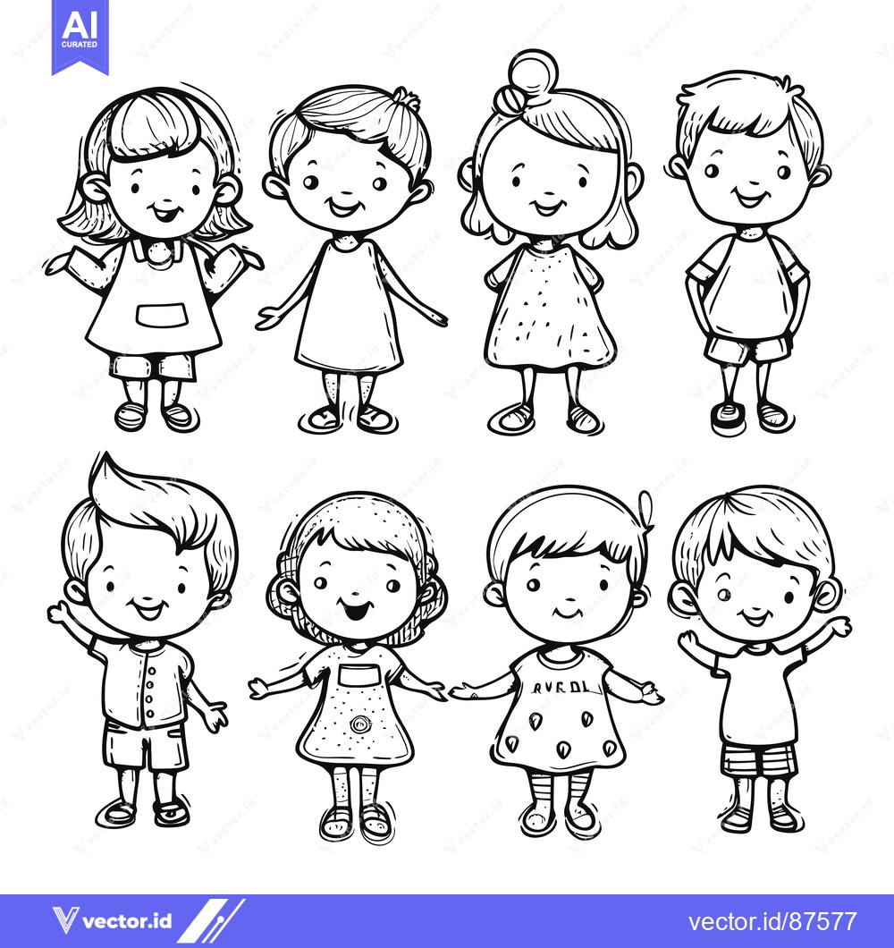 Premium Vector dari Hand-drawn cartoon illustrations of eight happy children