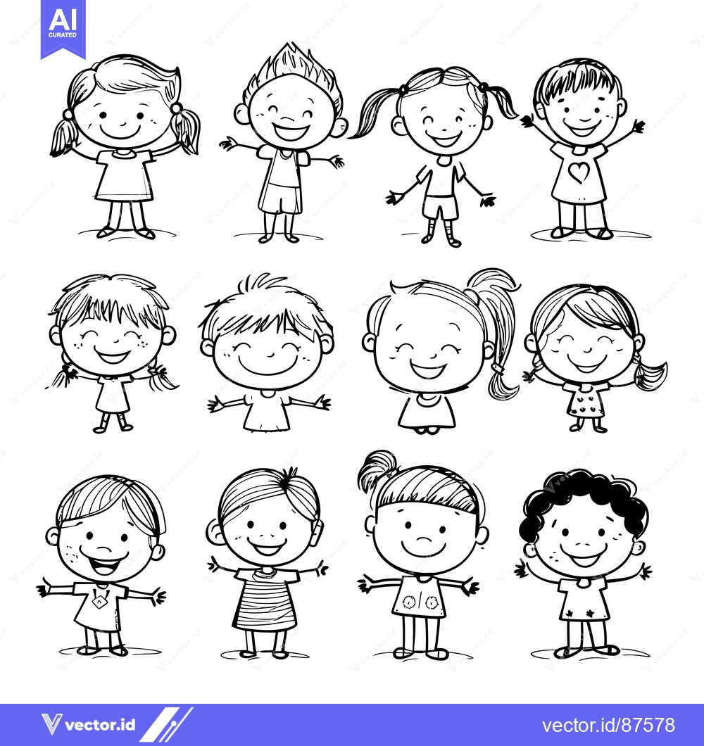 Premium Vector of Ten Smiling Children Illustrated in Black and White