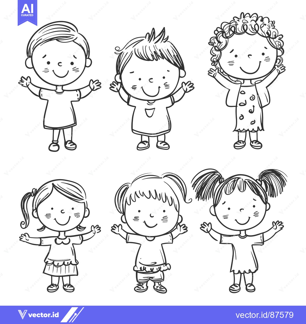 Premium Vector dari Six Smiling Children With Arms Outstretched in Hand-Drawn Style