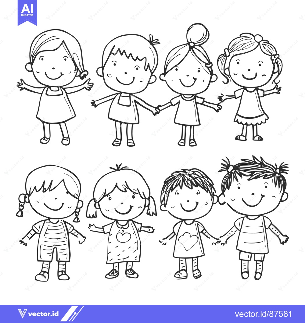 Premium Vector of Hand-drawn illustration of eight smiling children in simple clothing