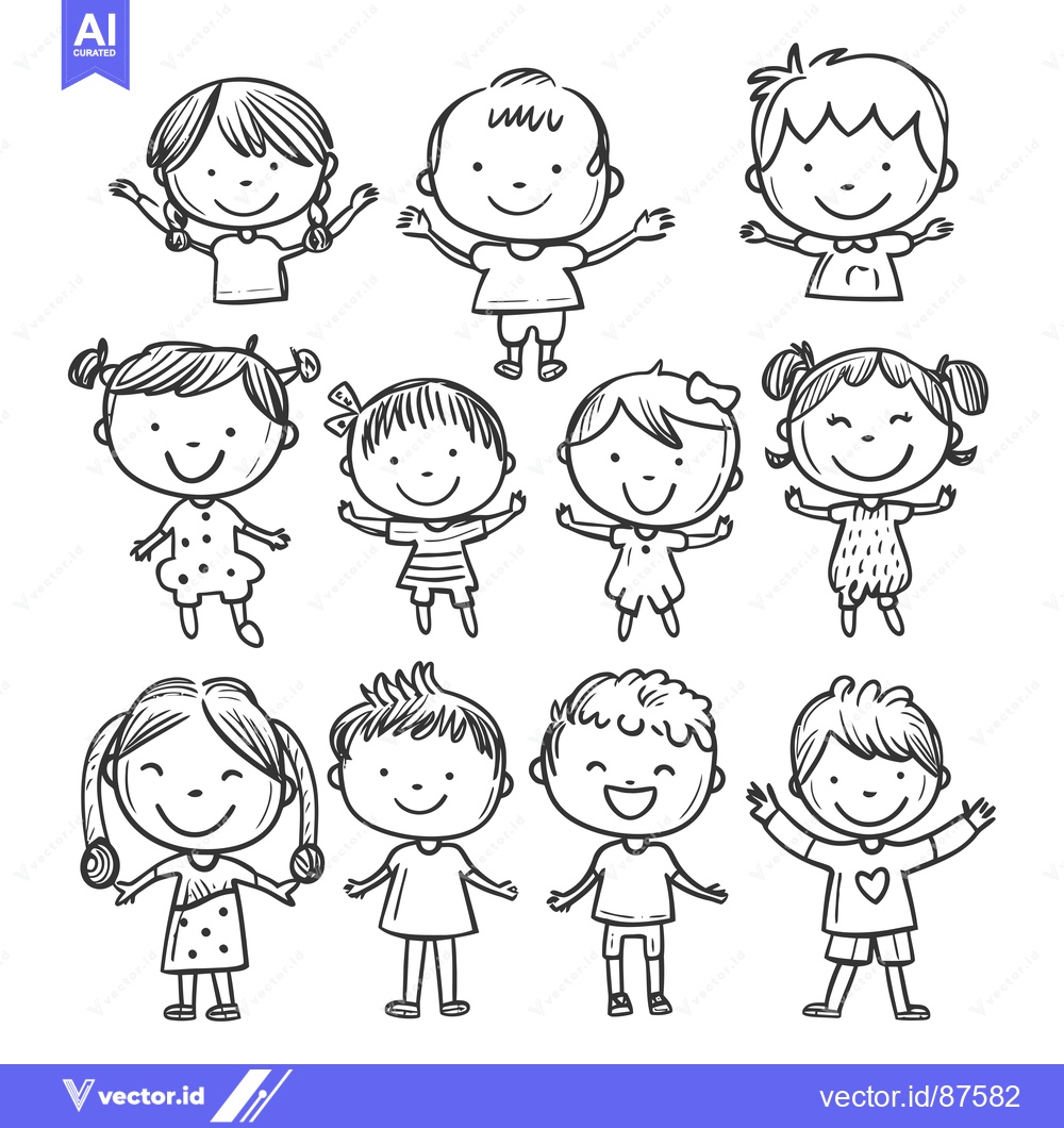 Premium Vector of A Group of Nine Smiling Children in a Hand-Drawn Illustration