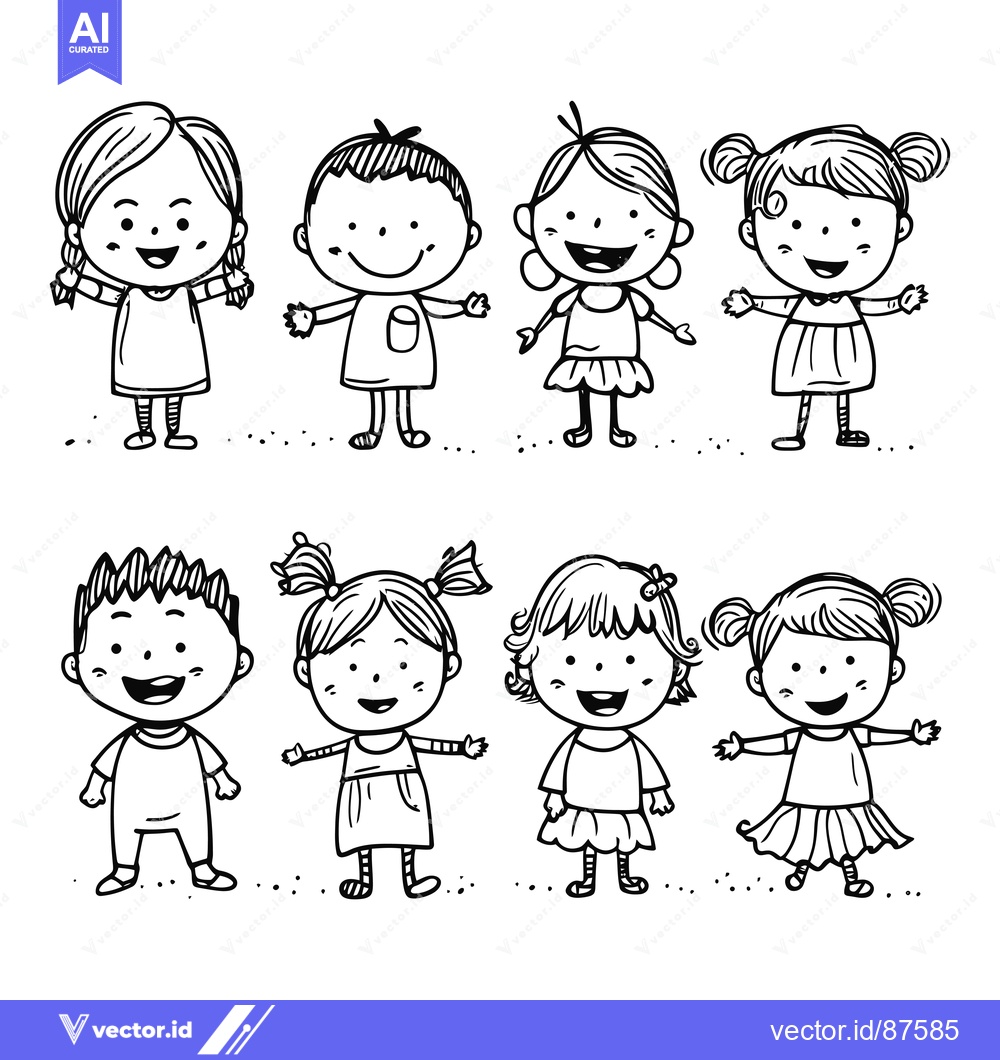 Premium Vector dari Eight Cartoon Children Smiling and Standing with Their Arms Out
