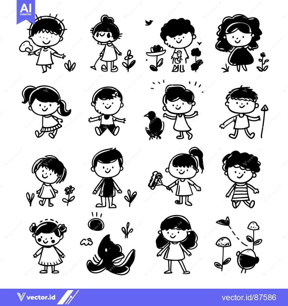 Premium Vector of A Collection of Hand-Drawn Black and White Illustrations Featuring Chi