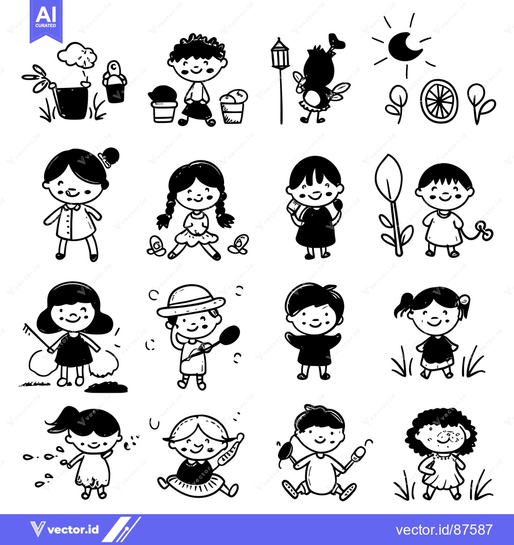 Premium Vector of Black and White Doodle Illustration of Children Playing