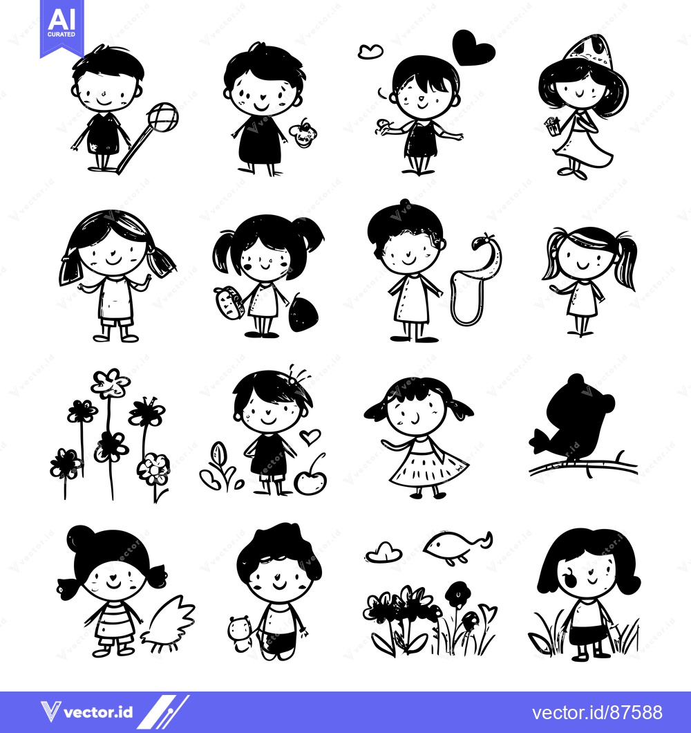 Premium Vector of A Collection of Cute Hand-Drawn Black and White Illustrations of Child