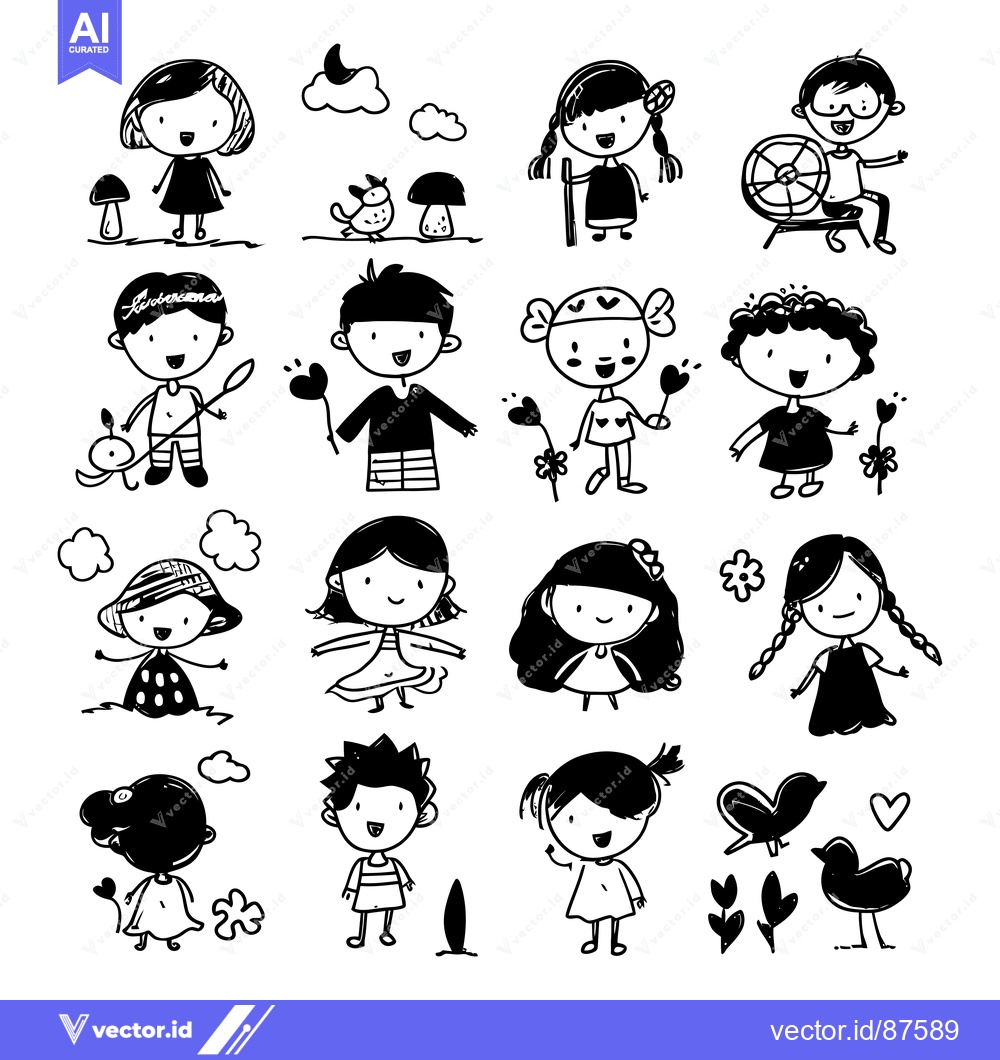 Premium Vector dari Hand-drawn Illustration of Children and Birds in a Playful Setting