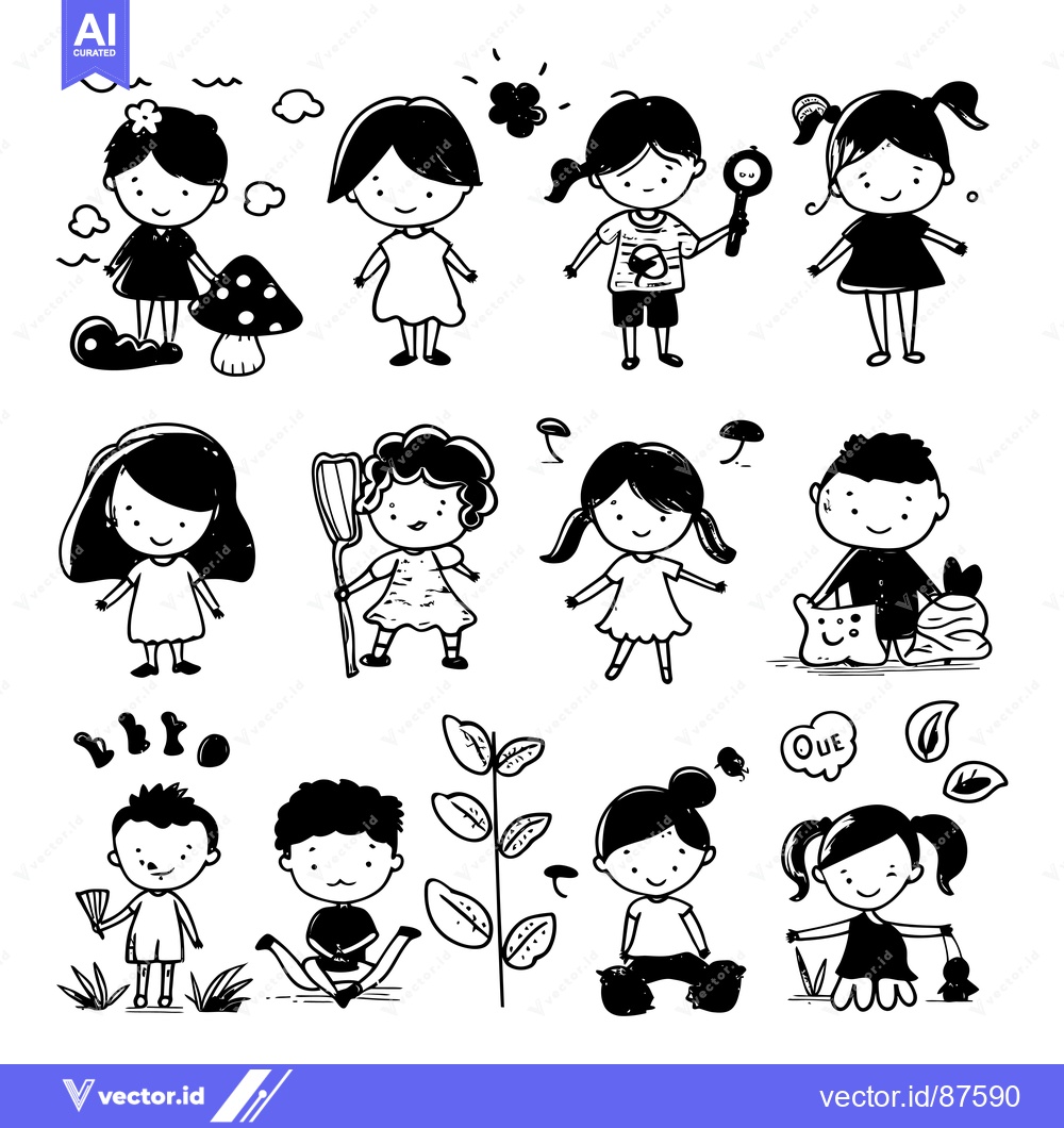 Premium Vector of Nine Cute Hand-Drawn Children with Various Activities and Accessories