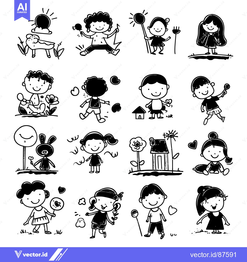 Premium Vector of A Collection of Simple Doodle Illustrations Depicting Happy Children E