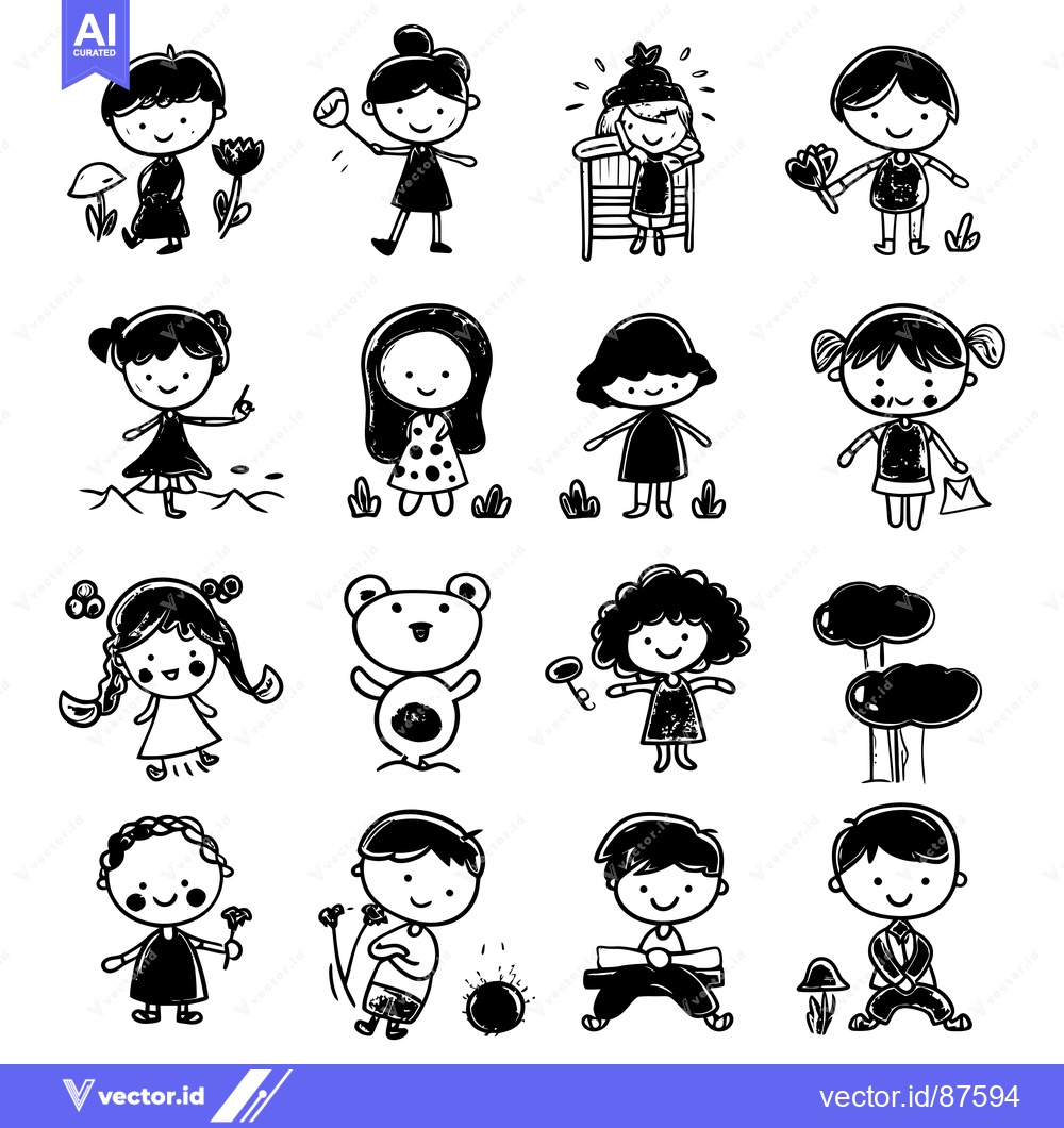 Premium Vector of A Collection of Hand-Drawn Cartoon Children in Various Activities