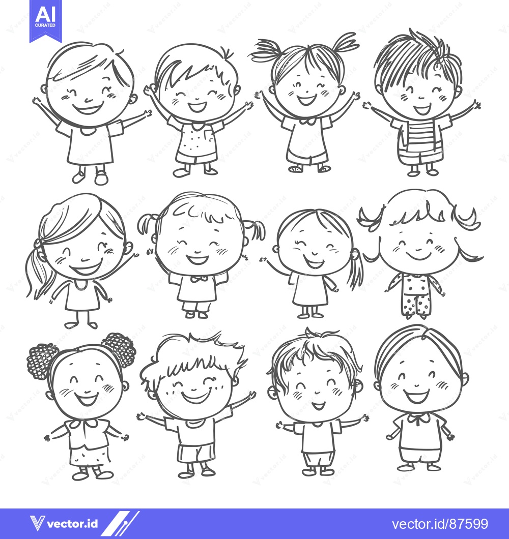 Premium Vector of Ten Cheerful Children Illustrated in a Hand-Drawn Style