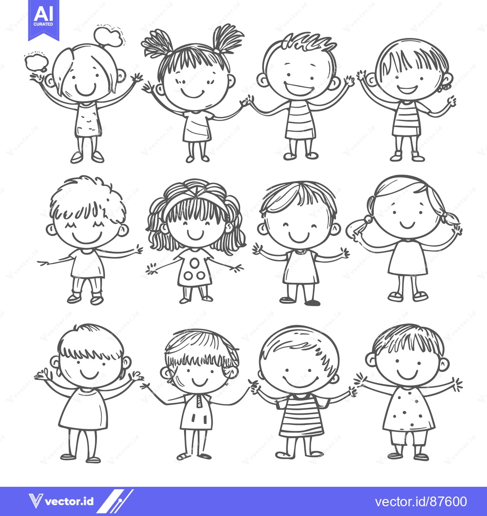 Premium Vector of A group of cartoon children drawn in black and white with simple lines