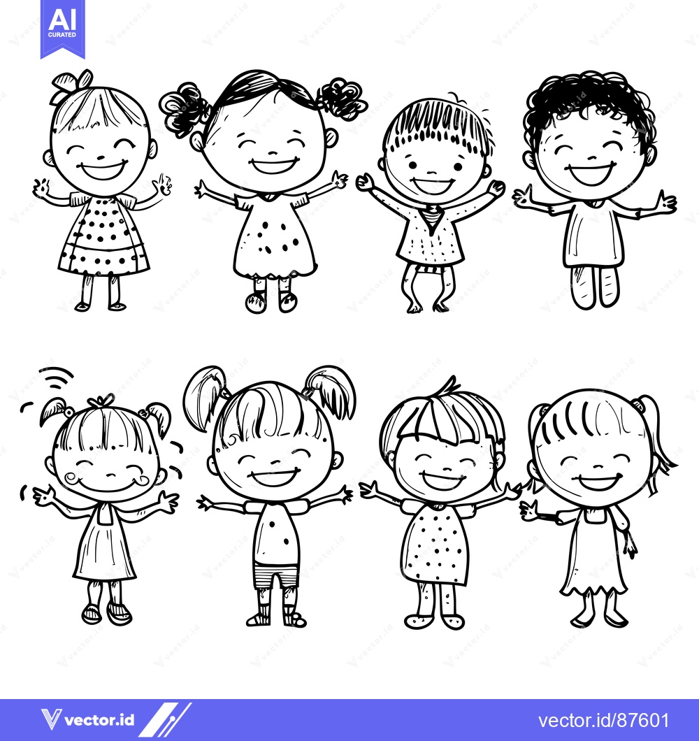 Premium Vector dari Eight Smiling Cartoon Children with Arms Outstretched