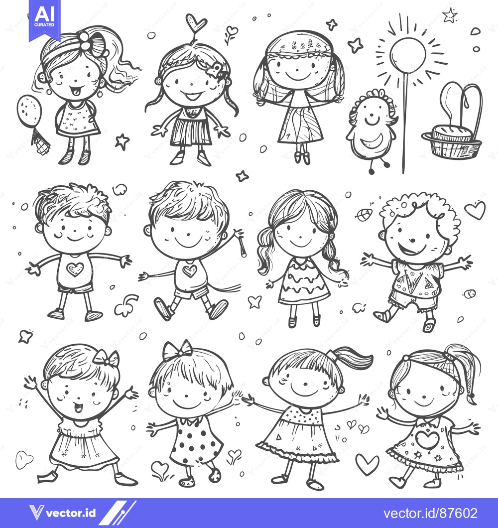 Premium Vector dari Playful Children with Hand-Drawn Style and Various Accessories