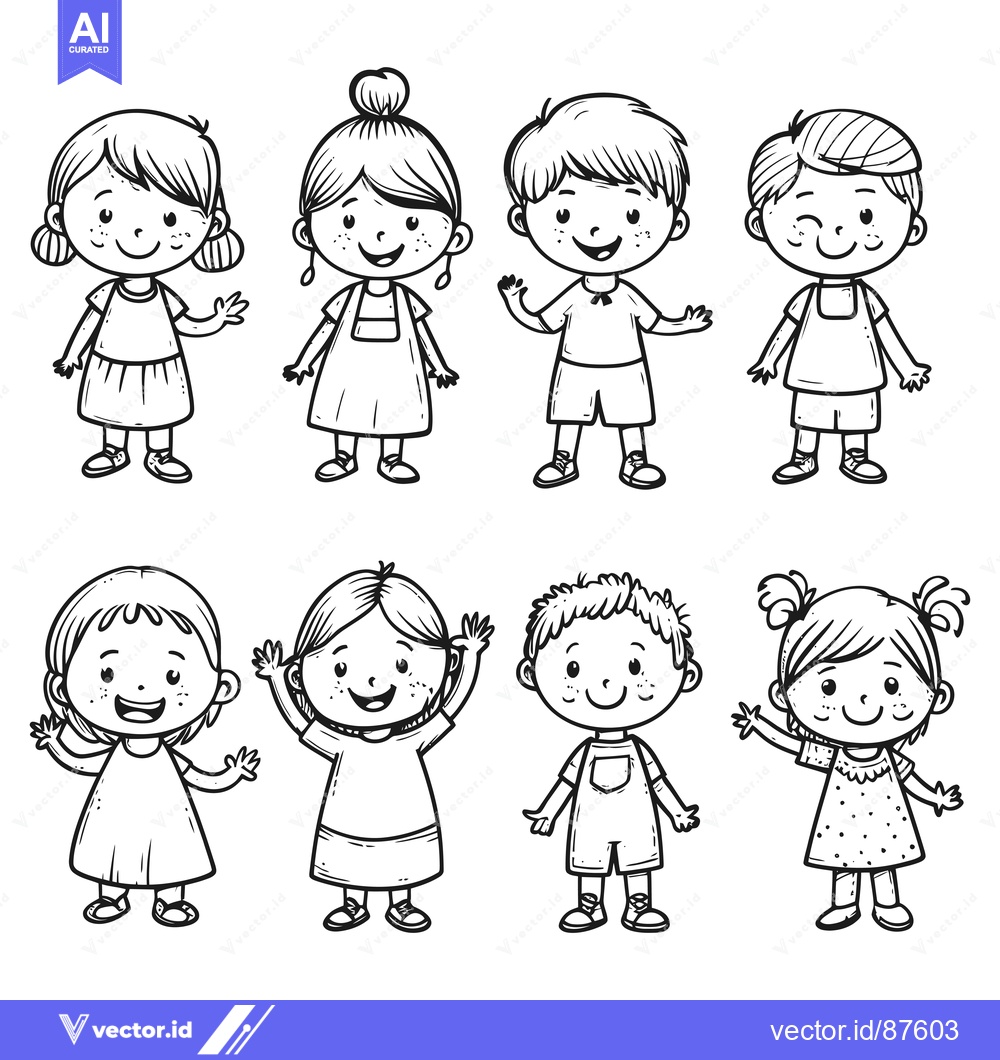 Premium Vector dari A Group of Six Happy Cartoon Children in Line Art Style
