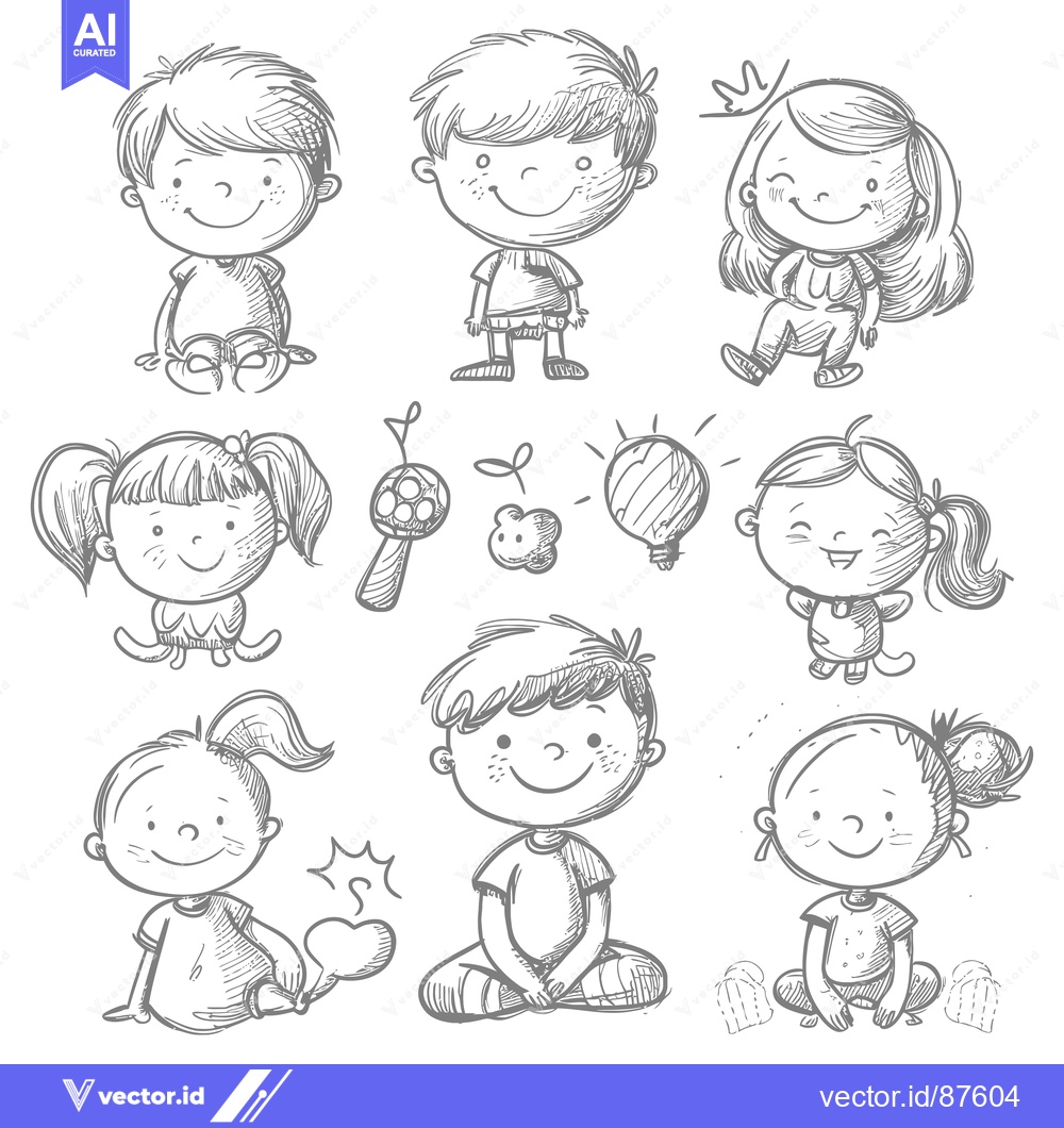 Premium Vector dari A Collection of Hand-Drawn Sketches Depicting Playful Children