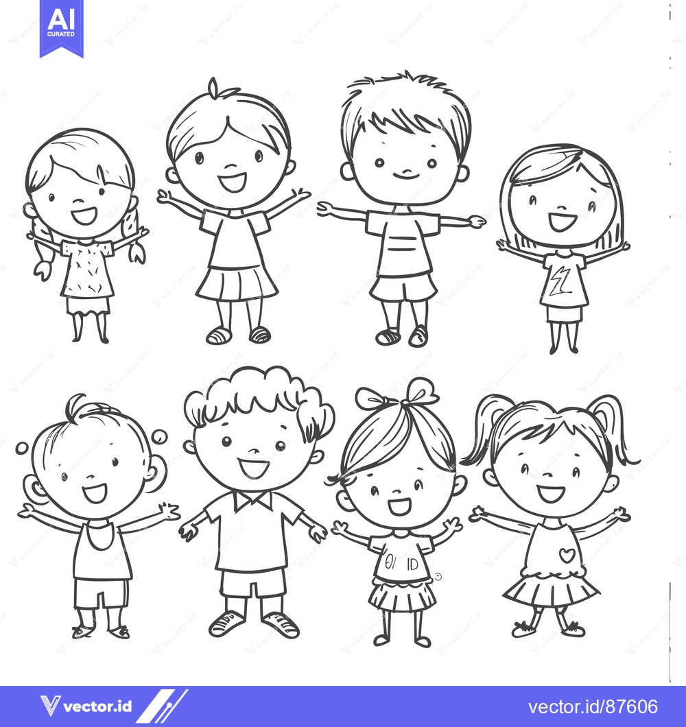 Premium Vector of Seven Cartoon Children with Arms Outstretched