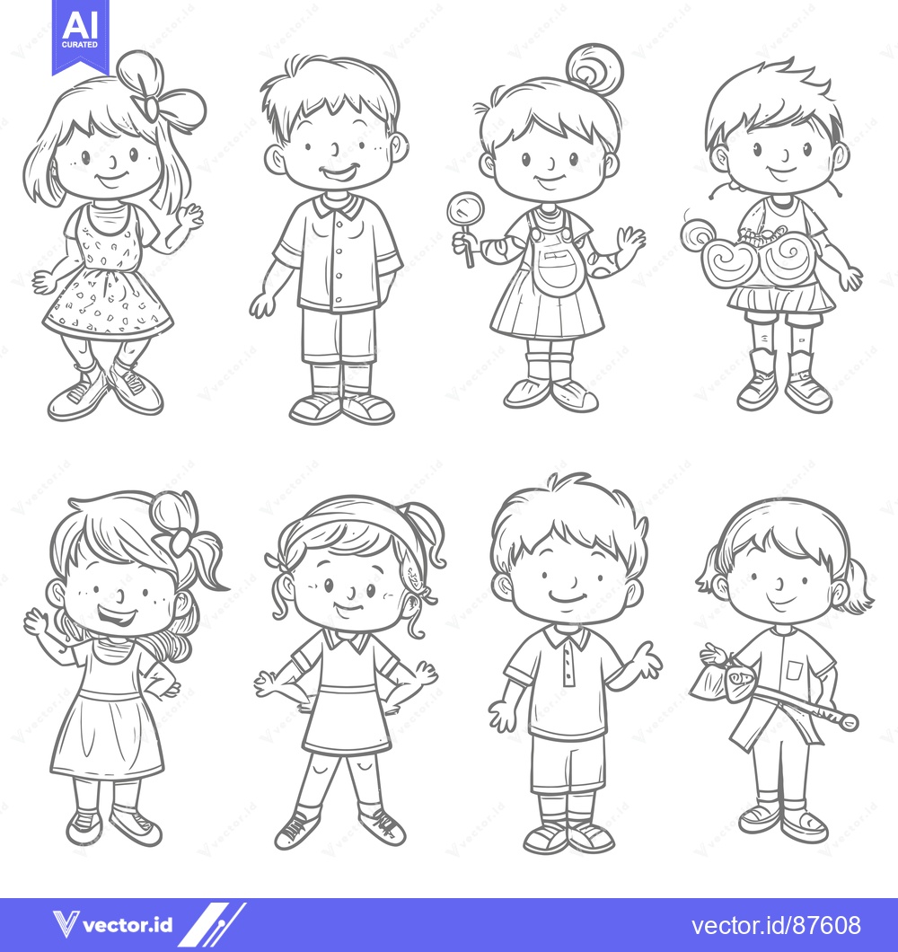 Premium Vector dari A Group of Eight Smiling Children Illustrated in Black and White