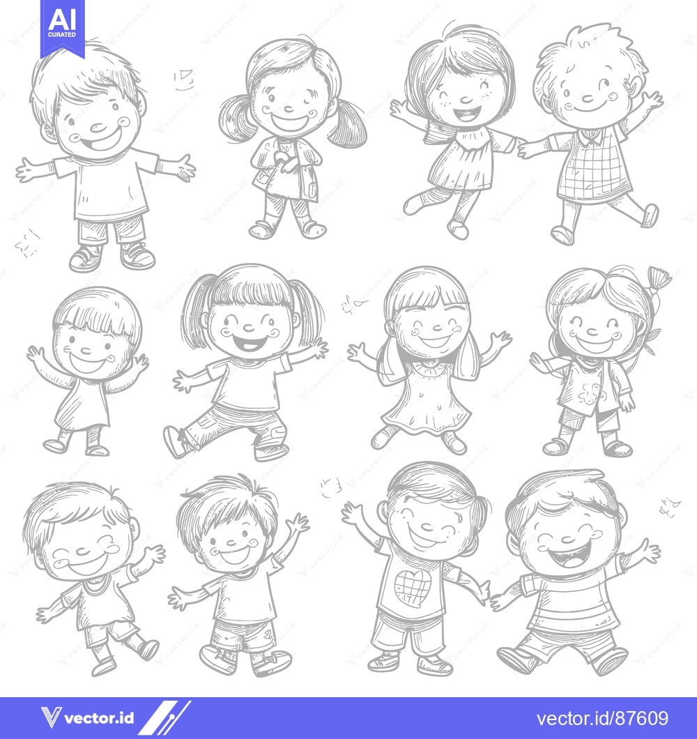 Premium Vector of Hand-drawn Sketch of Ten Smiling Children