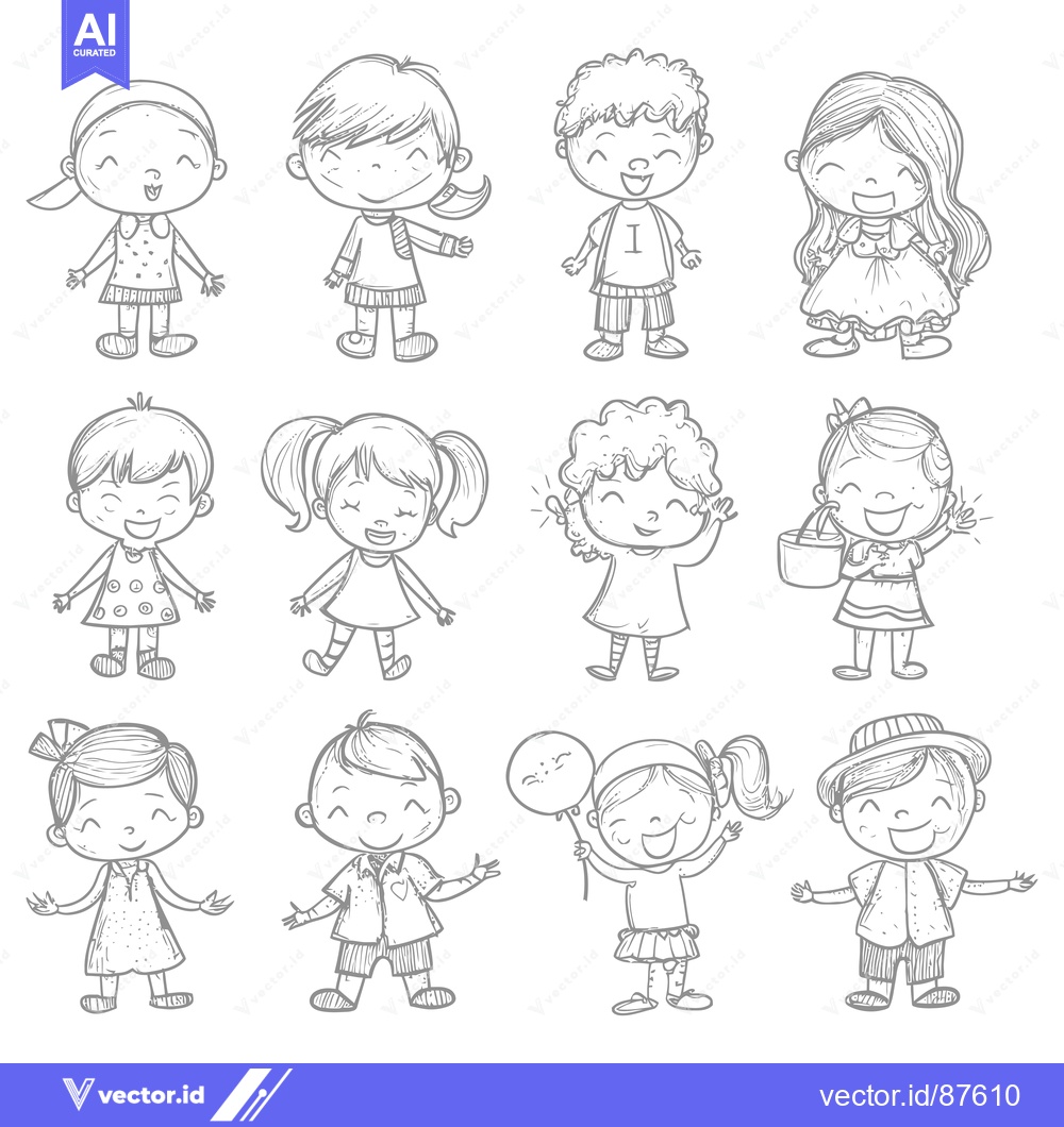 Premium Vector of A Set of 12 Adorable Cartoon Children Drawn in Sketch Style