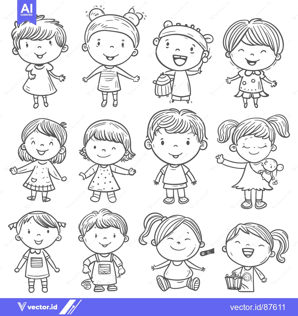 Premium Vector dari Collection of Cute Cartoon Children with Different Expressions and Pos